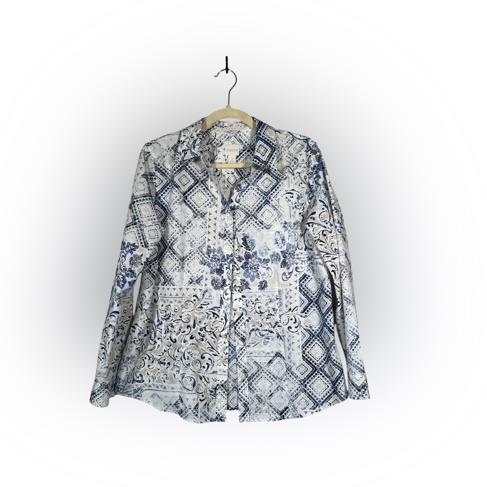Chico's Navy and Cream Patterned Blouse‎ Size Large